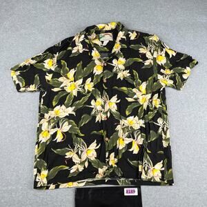 Paradise Found Shirt Large Black Floral Hawaiian USA Button Up Short Sleeve Mens